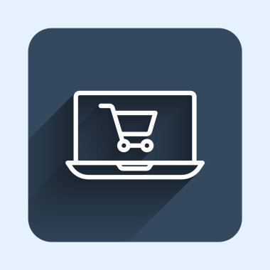 Ekran dizüstü bilgisayarındaki beyaz çizgi alışveriş arabası uzun gölge arkaplanlı izole edilmiş. Konsept e-ticaret, e-ticaret, online iş pazarlama. Mavi kare düğme. Vektör