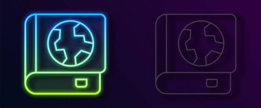 Parlayan neon hattı Dünya küresi ve kitap ikonu siyah arka planda izole edildi. Dünya ya da Dünya işareti. Küresel internet sembolü. Geometrik şekiller. Vektör