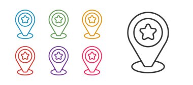 Beyaz arkaplanda izole edilmiş yıldız simgesi ile çizgi haritası işaretleyicisini ayarla. Yıldız favori iğne haritası simgesi. Harita işaretleyicileri. Simgeleri renklendirin. Vektör