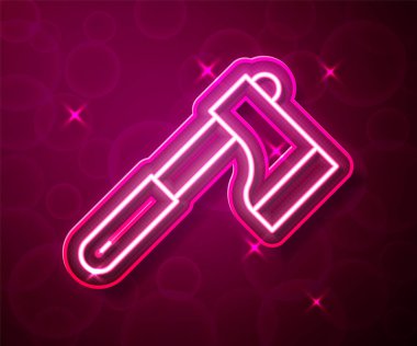 Parlayan neon hattı ahşap balta simgesi kırmızı arkaplanda izole edildi. Oduncu baltası. Vektör