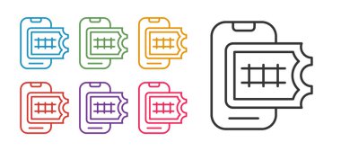 Çevrimiçi bilet rezervasyonu ve uygulama arayüzü simgesi alma beyaz arkaplanda izole edildi. E-bilet siparişi. Elektronik tren bileti ekranda. Simgeleri renklendirin. Vektör