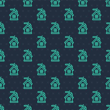 Yeşil çizgi Mutlu Noeller ev ikonu mavi arka planda izole edilmiş kusursuz desen. Ev sembolü. Vektör