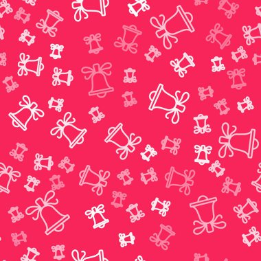 Beyaz çizgi Mutlu Noeller zil ikonu kırmızı arka planda izole edilmiş kusursuz desen. Alarm sembolü, servis zili, el zili işareti, uyarı. Vektör