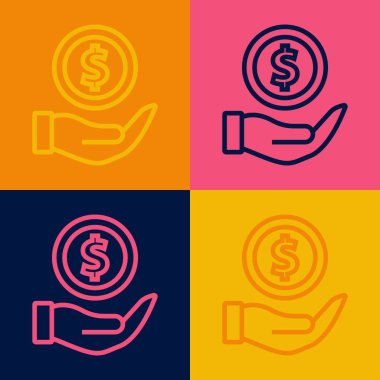 Renk arkaplanında kalkan simgesi olan Pop Art Line Money. Sigorta konsepti. Güvenlik, güvenlik, koruma, konsept koruma. Vektör