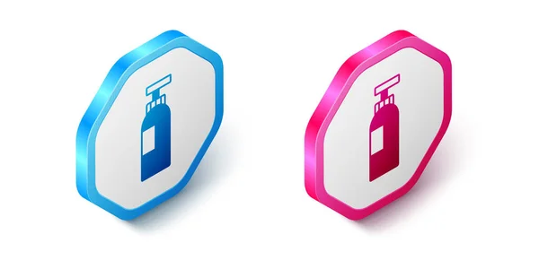 Isometric Bottle of shampoo icon isolated on white background. Hexagon button. Vector — Stock Vector