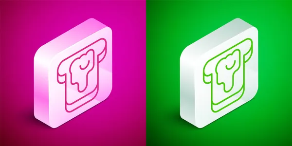 Isometric line Piece of bread with honey icon isolated on pink and green background. Toast with jam or honey. Silver square button. Vector — Stock Vector