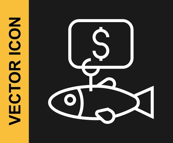 Weiße Linie Preisschild für Fisch-Symbol isoliert auf schwarzem Hintergrund. Vektor — Stockvektor