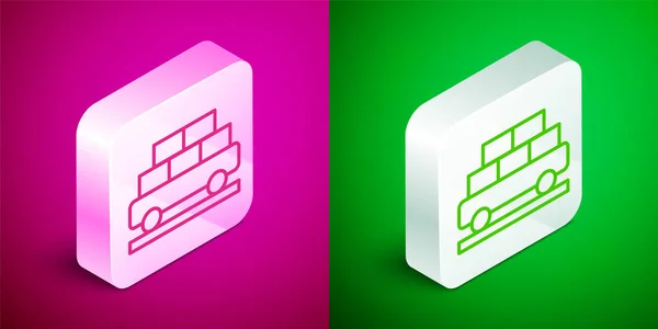 Isometric line Cargo train wagon icon isolated on pink and green background. Full freight car. Railroad transportation. Silver square button. Vector — Stock Vector