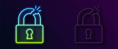 Parlayan neon hattı, kırılmış ya da kırılmış kilit simgesi siyah arkaplanda izole edilmiş. Kilidi aç işareti. Vektör