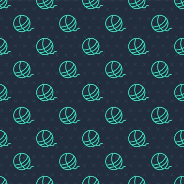 Yeşil çizgi iplik topu ikonu mavi arkaplanda izole edilmiş pürüzsüz desen. El yapımı, örgü ya da terzi için etiket. Vektör