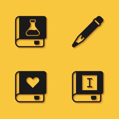 Kimya kitabını, kitabı, romantizmi ve silgi simgesini uzun gölgeli kalemle ayarla. Vektör