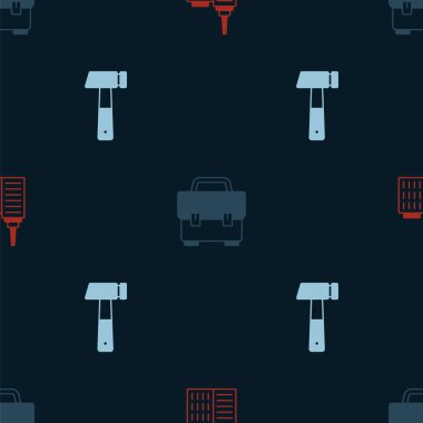 Şehir peyzajını, Alet Kutusunu ve Çekiç 'i pürüzsüz desene ayarlayın. Vektör