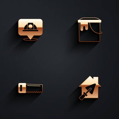 İşçi kaskı, boya kovası, el testeresi ve uzun gölgeli ev. Vektör