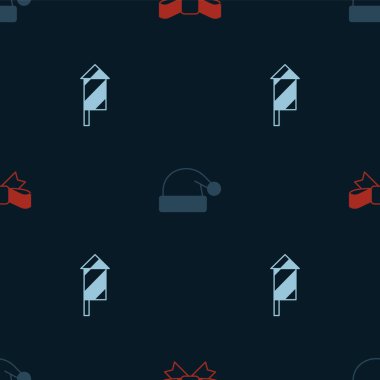 Hediye yayı, Noel Baba şapkası ve Havai fişek roketini kusursuz bir şekilde ayarlayın. Vektör