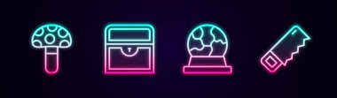 Psilosibin mantarı, antika hazine sandığı, sihirli top ve el testeresi. Parlayan neon ikonu. Vektör