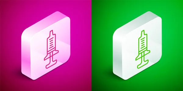 Isometric line Syringe icon isolated on pink and green background. Syringe for vaccine, vaccination, injection, flu shot. Medical equipment. Silver square button. Vector — Stock Vector