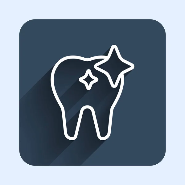 Linha branca ícone conceito clareamento dental isolado com fundo de sombra longa. Símbolo de dente para clínica odontológica ou centro médico dentista. Botão quadrado azul. Vetor —  Vetores de Stock