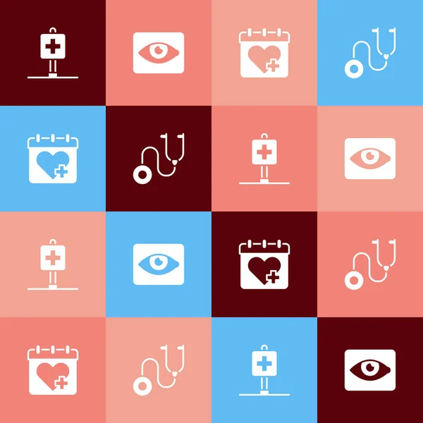 Set pop art Ubicación hospital, efecto Ojo Rojo, cita con el médico y el icono del estetoscopio. Vector — Vector de stock