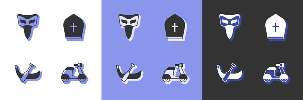 Set Scooter, Carnaval masker, Gondel boot en Pope hoed pictogram. Vector — Stockvector