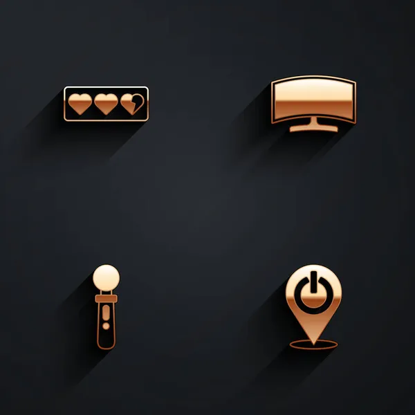 Set Game Life Bar, Computermonitor, VR-Controller Spiel und Power-Taste Symbol mit langem Schatten. Vektor — Stockvektor