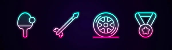 Çizgi raketi, ortaçağ okları, araba tekerleği ve madalya. Parlayan neon ikonu. Vektör — Stok Vektör