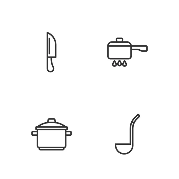 Set line Kitchen ladle, Cooking pot, Knife and on fire icon. Vector — Stock Vector