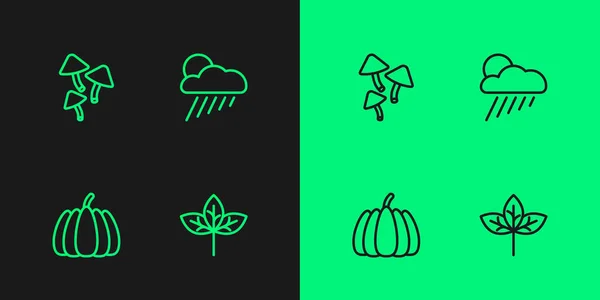 Ställ in linje Leaf, Pumpkin, Svamp och Moln med regn och sol ikon. Vektor — Stock vektor
