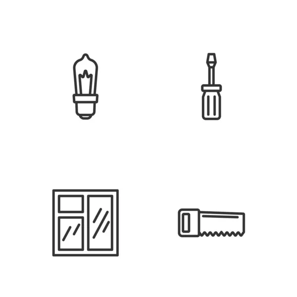 Ställ in linje Handsåg, Fönster i rummet, Glödlampa och Skruvmejsel ikonen. Vektor — Stock vektor