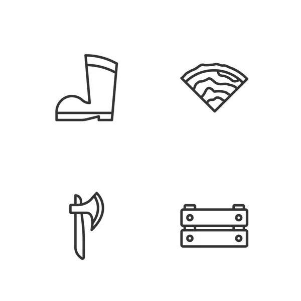 Set line Dřevěný box, sekera, Vodotěsné gumové boty a paprsek ikonu. Vektor — Stockový vektor
