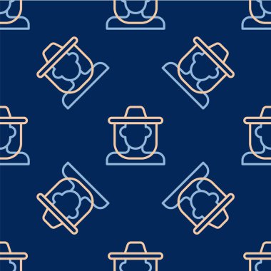 Şapka simgesini koruyan çizgi arıcısı mavi arka planda izole edilmiş kusursuz desen. Özel koruyucu üniforma. Vektör