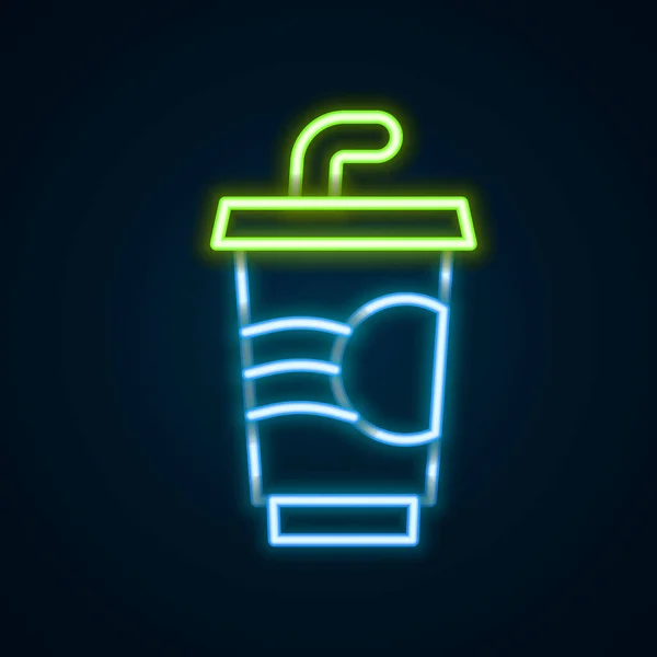 Gloeiende Neon Lijn Papier Glas Met Drinkstro Water Pictogram Geïsoleerd — Stockvector