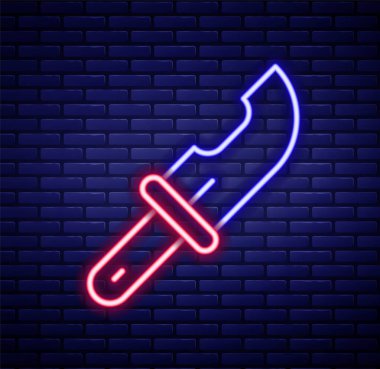 Parlayan neon hattı Hunter bıçak ikonu tuğla duvar arkasında izole edildi. Ordu bıçağı. Renkli taslak konsepti. Vektör