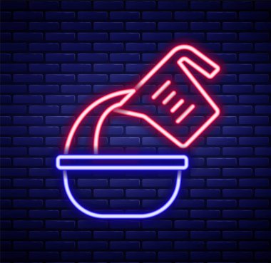 Parlak neon hattı ölçme kabı sıvı dökme kase ikon izole tuğla duvar zemin. Plastik şişenin sapı var. Renkli taslak konsepti. Vektör