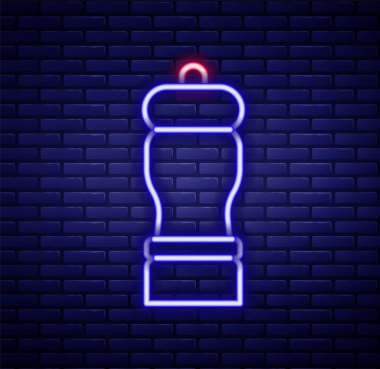 Parlayan neon hattı Pepper ikonu tuğla duvar arkasında izole edildi. Yemek pişirme baharatları. Renkli taslak konsepti. Vektör