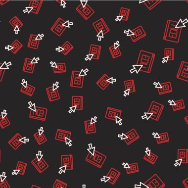 Online eğitim ve mezuniyet ikonu siyah arkaplanda izole edilmiş kusursuz desen. İnternetteki öğretmen monitörde. Giyinme ve video semineri öğrenme. Vektör