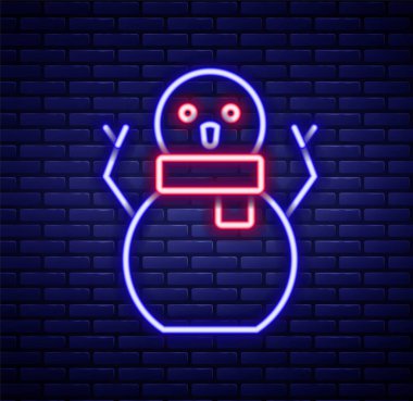 Parlayan neon hattı, kardan adam ikonu tuğla duvar arkasında izole edilmiş. Mutlu Noeller ve mutlu yıllar. Renkli taslak konsepti. Vektör