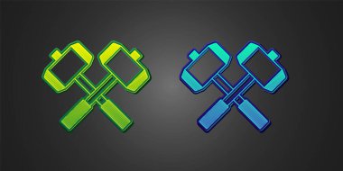 Yeşil ve mavi ortaçağ savaş çekiçleri simgesi siyah arka planda izole edilmiş. Vektör