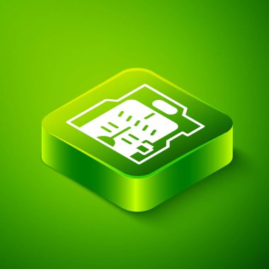 Isometric Futuristik sürgülü kapı simgesi yeşil arka planda izole edildi. Yeşil kare düğmesi. Vektör