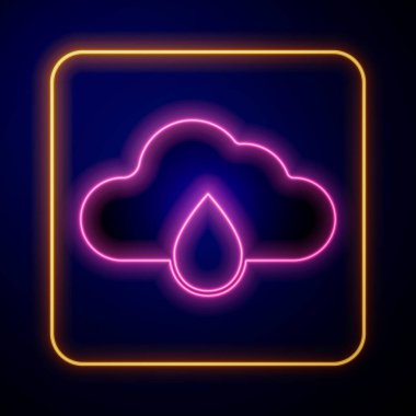 Siyah zemin üzerinde izole edilmiş yağmur ikonu olan parlak neon bulutu. Yağmur damlaları ile yağmur bulutu yağışı. Vektör