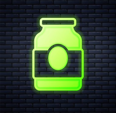 Parlayan neon reçel kavanozu ikonu tuğla duvar arka planında izole edilmiş. Vektör
