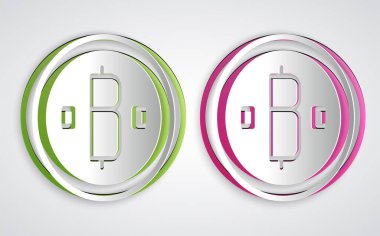 Kağıt kesiği Kripto para birimi simgesi Bitcoin gri arka planda izole edildi. Madeni para. Engelleme zinciri tabanlı şifreli para birimi. Kağıt sanatı tarzı. Vektör