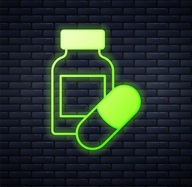 Parlayan neon uyku hapı ikonu tuğla duvar arkasında izole edilmiş. Vektör