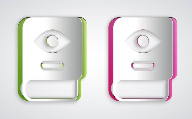 Kağıt, gri arka planda izole edilmiş Eskiler 'in sihirli kitabını simya tarifleri, mistik büyüler ve büyü simgesi ile kesiyor. Kağıt sanatı tarzı. Vektör