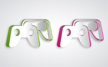 Kağıt kesme oyunu denetleyici veya oyun konsolu simgesi için joystick gri arkaplanda izole edildi. Kağıt sanatı tarzı. Vektör