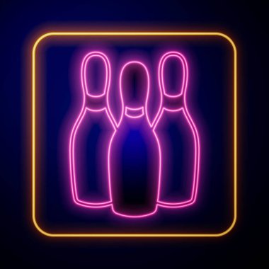 Parlayan neon bovling lobut simgesi siyah arkaplanda izole edildi. Hokkabazlık kulüpleri, sirk şekerlemeleri. Vektör