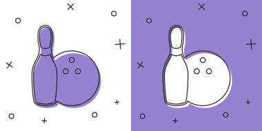 Bowling pin ve top simgesini beyaz ve mor arkaplanda izole et. Spor malzemeleri. Vektör