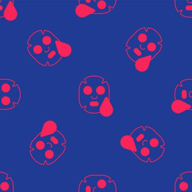 Kırmızı Yüz Kozmetik Maskesi ikonu mavi arka planda izole edilmiş kusursuz desen. Kozmetoloji, ilaç ve sağlık hizmetleri. Vektör