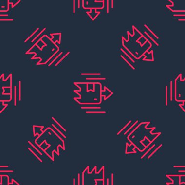 Kırmızı çizgi karton kutu simgesi siyah arkaplanda izole edilmiş kusursuz desen. Kutu, paket, paket işareti. Teslimat ve ambalaj. Vektör