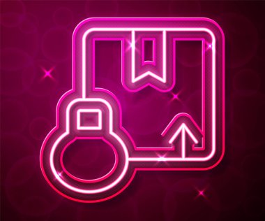 Parlayan neon çizgi karton kutu simgesi kırmızı arkaplanda izole edildi. Kutu, paket, paket işareti. Teslimat ve ambalaj. Vektör