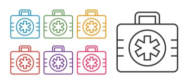 İlk yardım çantası simgesini beyaz arkaplanda ayır. Haçlı sağlık kutusu. Acil durumlar için tıbbi ekipman. Sağlık sigortası konsepti. Simgeleri renklendirin. Vektör